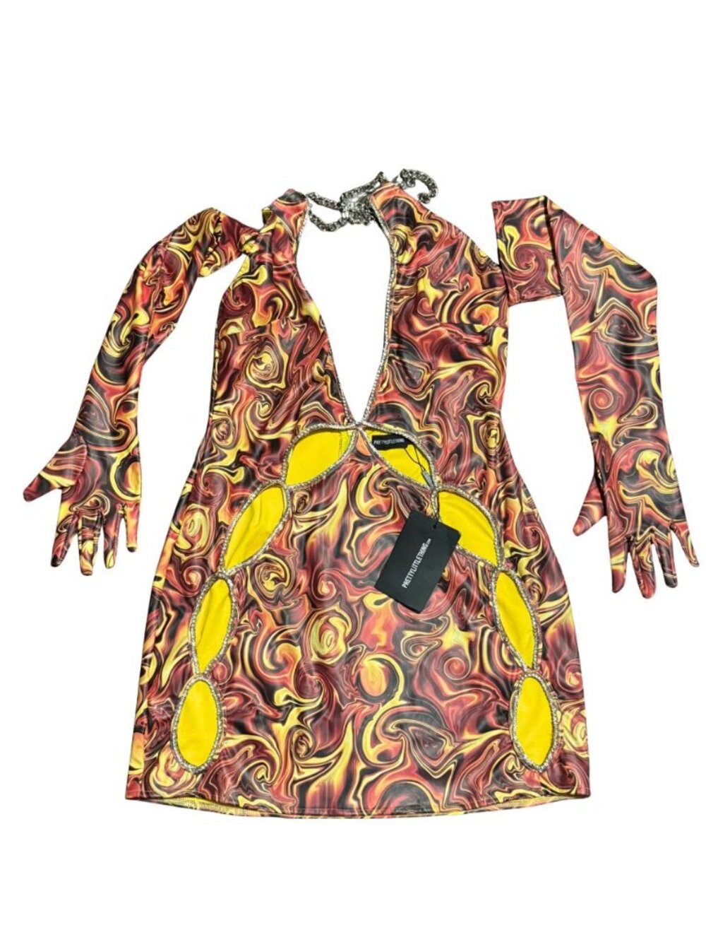 PrettyLittleThing Rhinestone Cut-Out Swirl Mini Dress & Gloves Set NWT
